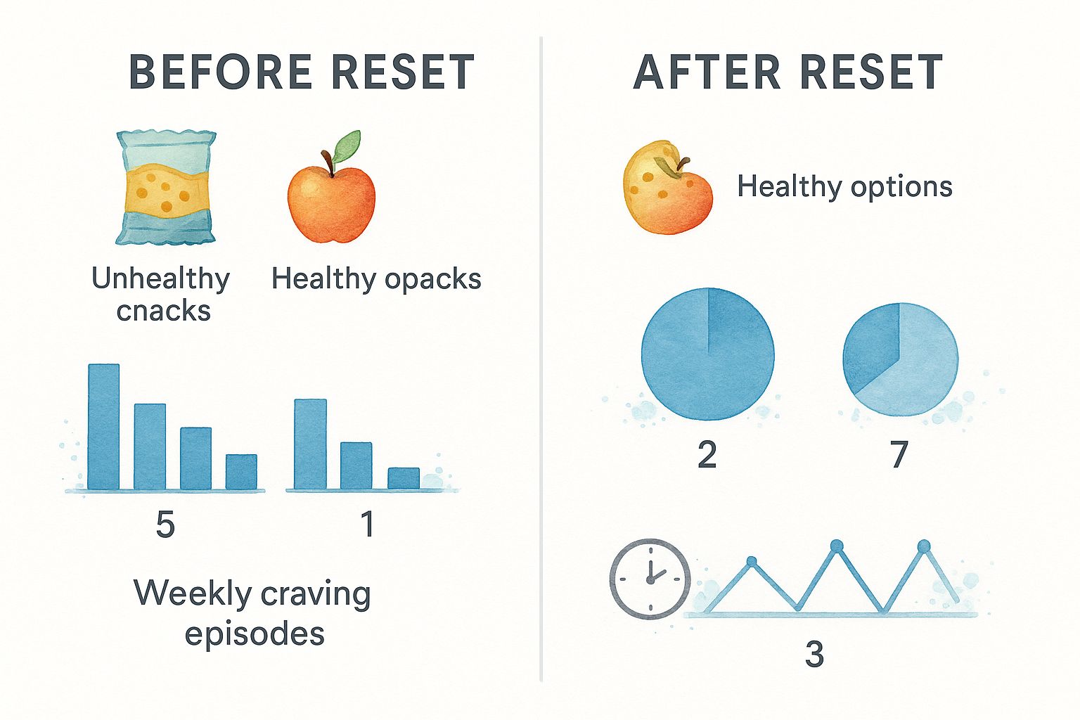 Infographic showing that after a pantry reset, unhealthy snacks decreased from 5 to 1, healthy options increased from 2 to 7, and weekly craving episodes dropped from 6 to 3.