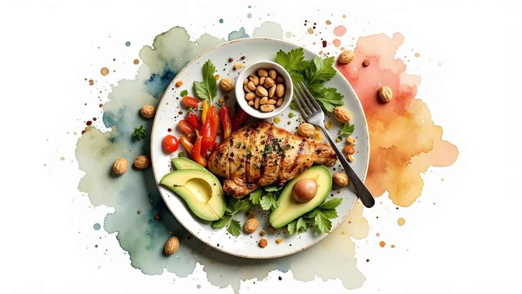 A colorful plate of food with salmon, avocado, quinoa, and fresh vegetables, representing a balanced meal.