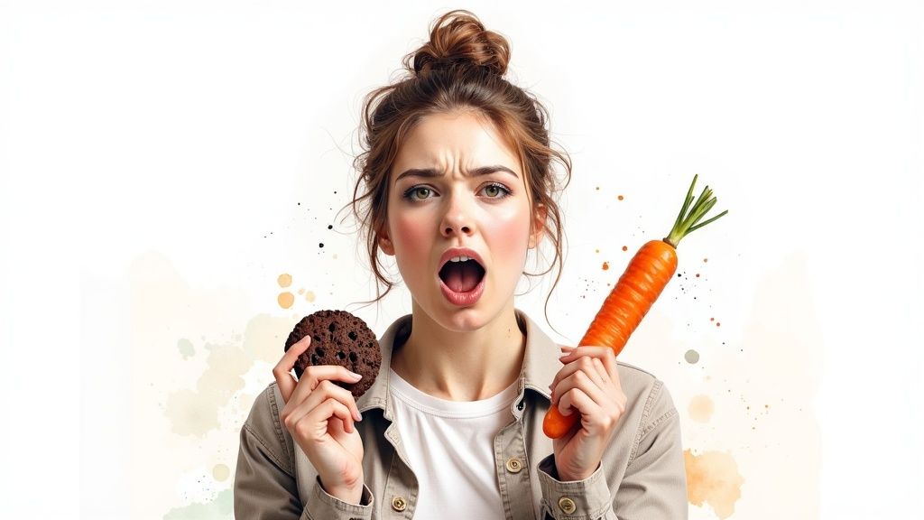 A person looking thoughtfully at a piece of cake on a plate.